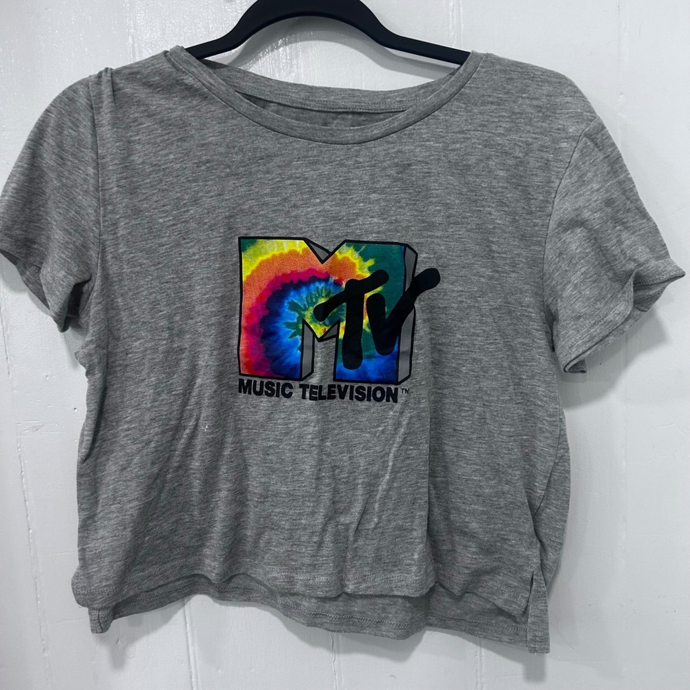 MTV Music Television Rainbow Tie Dye Logo Cropped T-Shirt Gray Medium